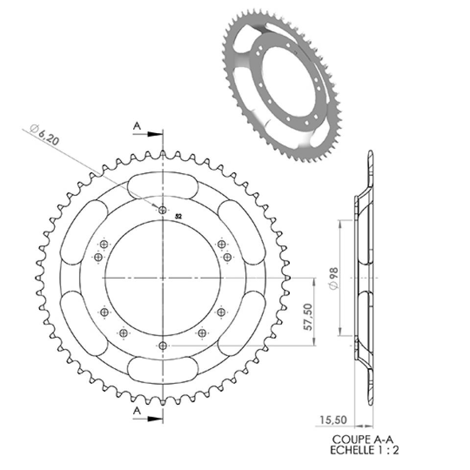 Couronne de transmission pour mobylette Peugeot 103 52 dents pas 415 alésage 98mm