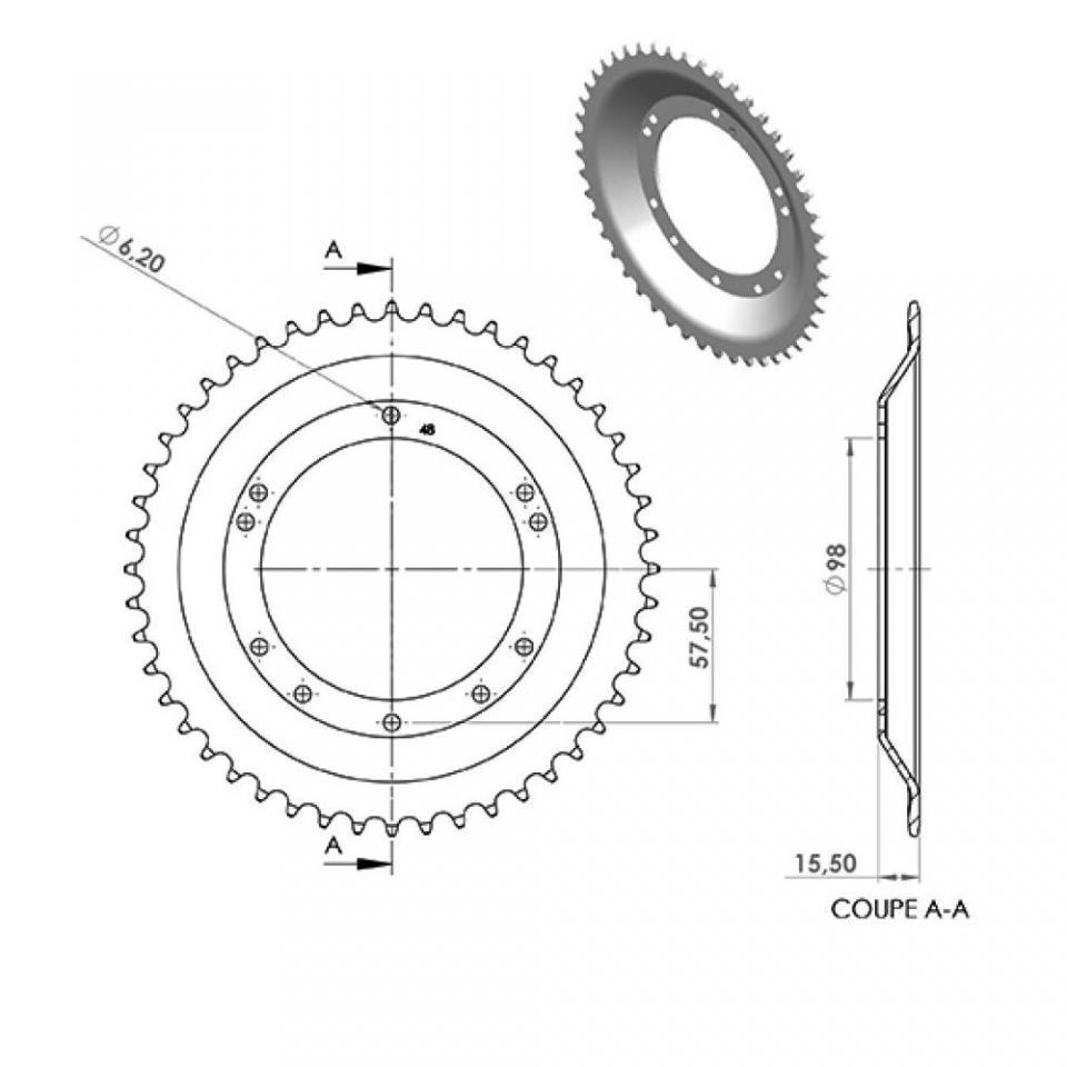 Couronne Teknix pour mobylette Peugeot 103 48 dts P 415 Al 98mm Dép 15mm Neuf
