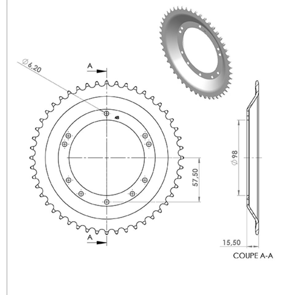 Couronne Teknix pour mobylette Peugeot 103 48 dts P 415 Al 98mm Dép 15mm Neuf