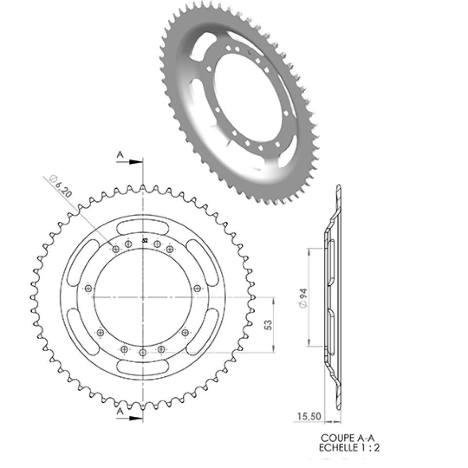 Couronne de transmission pour mobylette cyclomoteur 50 52 dents pas 415 alésage 94mm