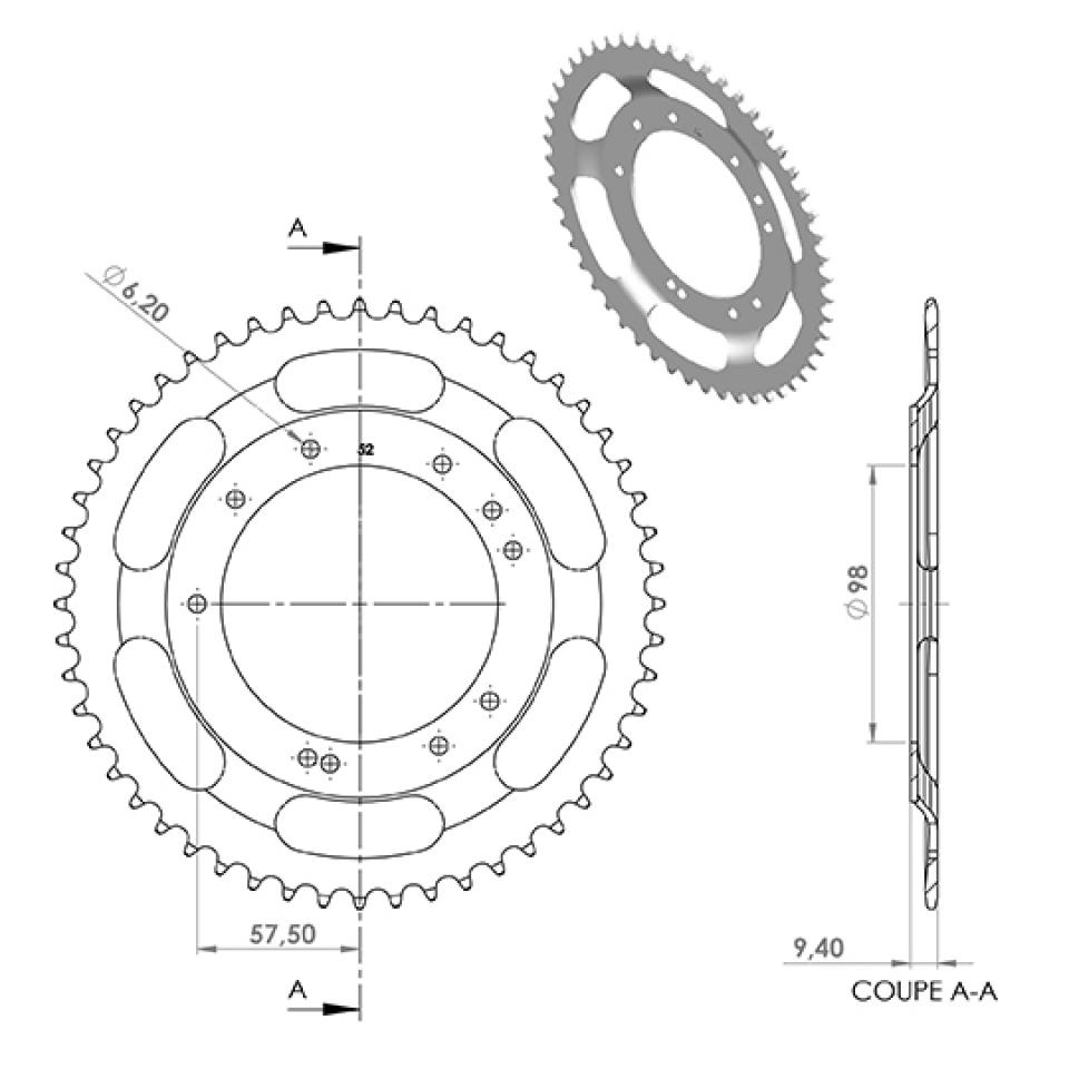 Couronne de transmission pour Mobylette MBK 50 51 52 dents pas 415 alésage 98mm Neuf