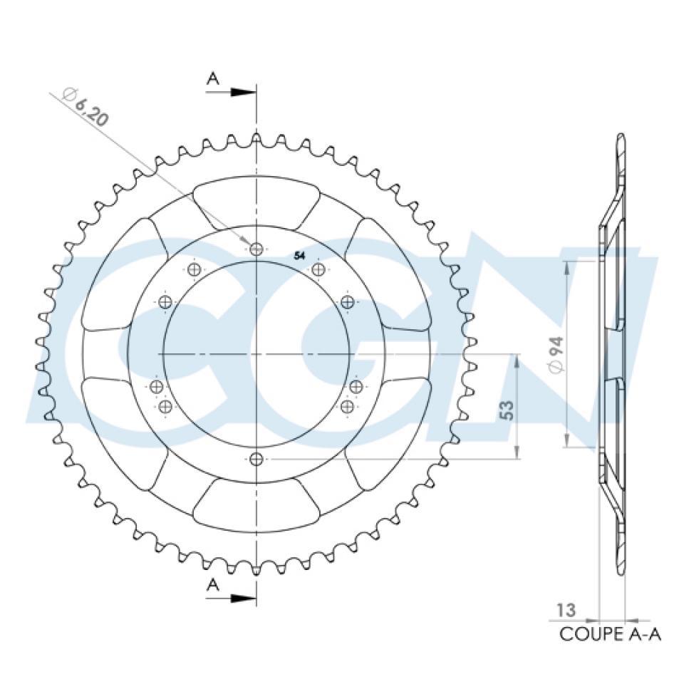 Couronne de transmission P2R pour Mobylette MBK 50 51 Avant 2020 54 dents pas 415 alésage 94mm Neuf