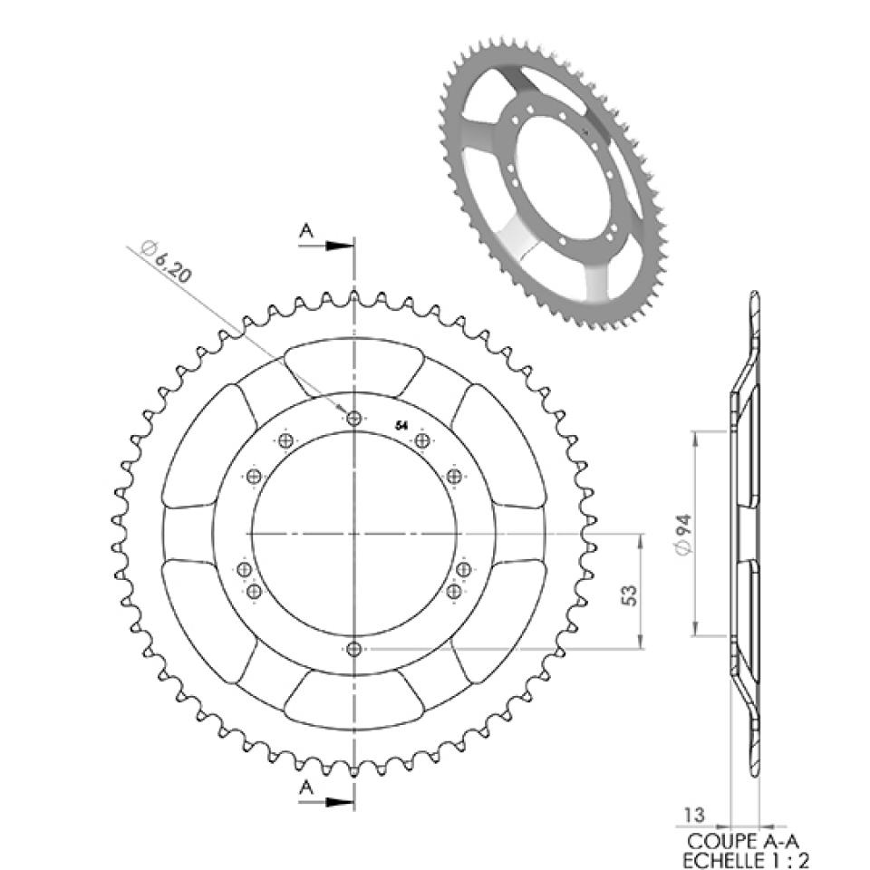 Couronne de transmission P2R pour Mobylette MBK 50 51 Avant 2020 54 dents pas 415 alésage 94mm Neuf