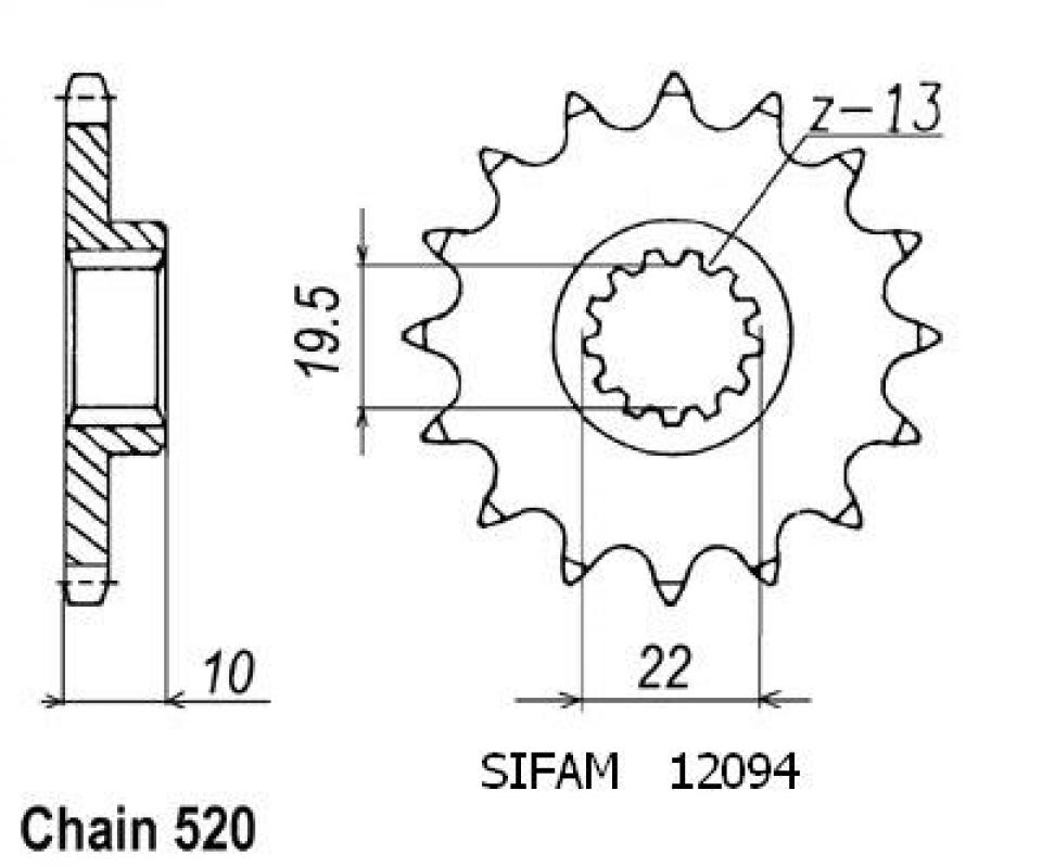 Pignon de sortie de boite Sifam pour Moto Suzuki 250 RM 1988 à 2012 13 dents pas 520 Neuf