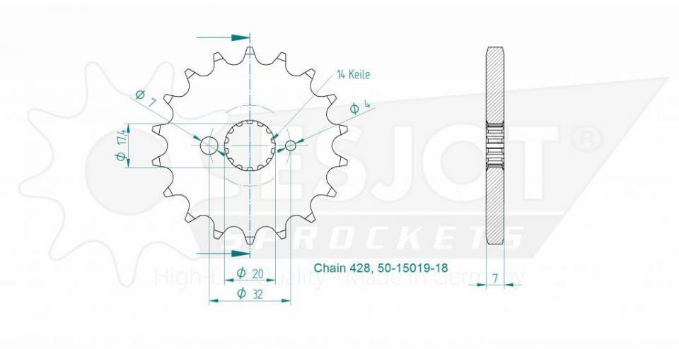 Pignon de sortie de boite Esjot pour Moto Yamaha 125 Dt X 2005 à 2010 18 dents pas 428 Neuf