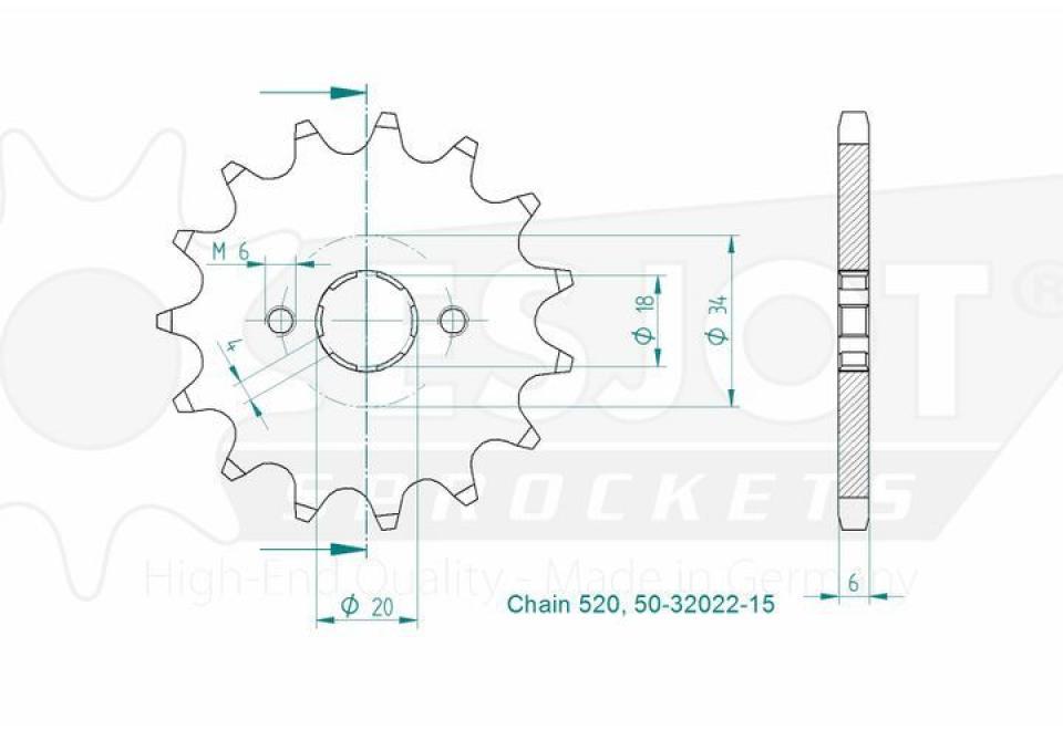 Pignon de sortie de boite Esjot pour Quad Eton 50 Draco 2003 à 2005 15 dents pas 520 Neuf