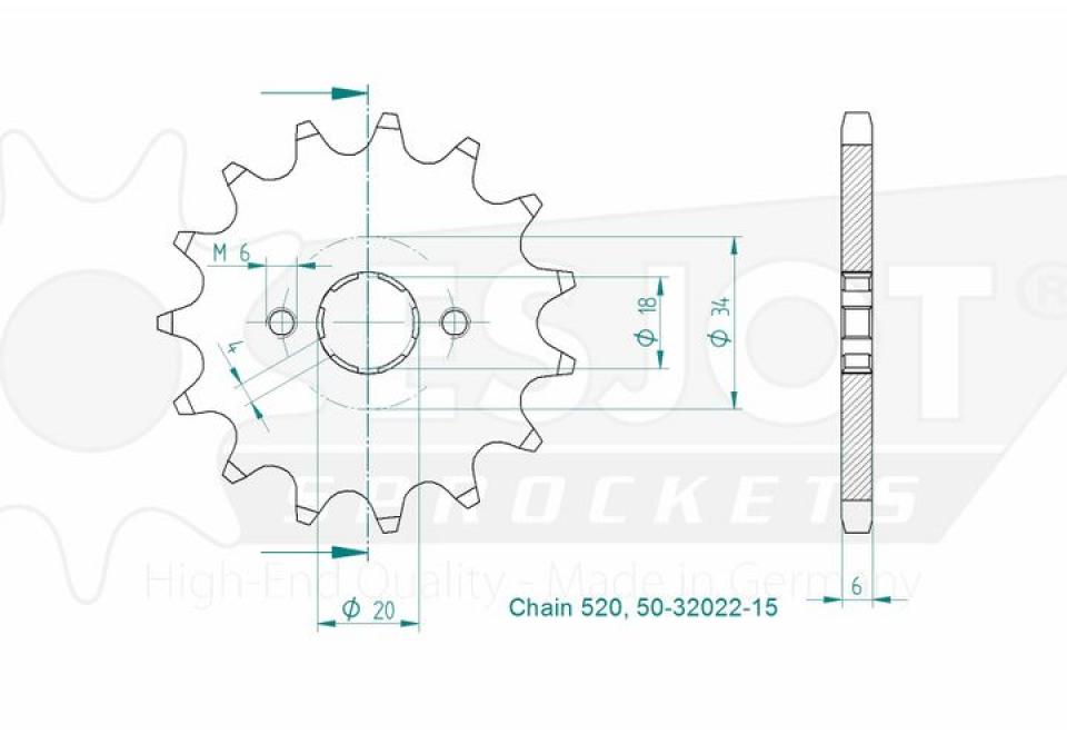 Pignon de sortie de boite Esjot pour Quad Eton 50 Draco 2003 à 2005 15 dents pas 520 Neuf