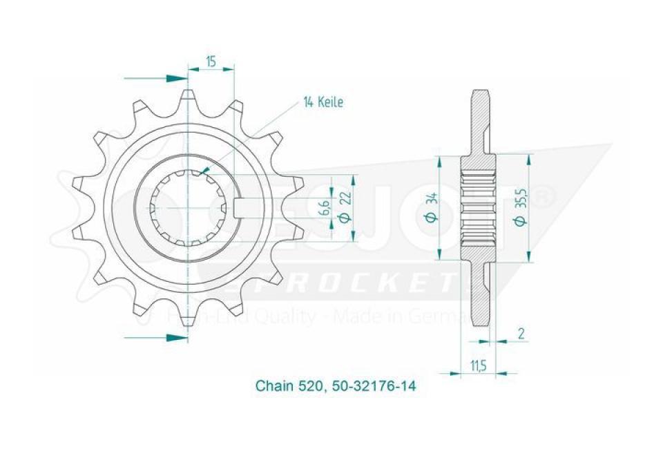 Pignon de sortie de boite Esjot pour Moto Sherco 300 Se 2T Enduro 2014 à 2023 14 dents pas 520 Neuf
