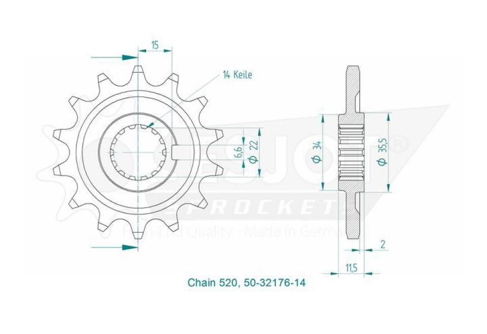 Pignon de sortie de boite Esjot pour Moto Sherco 450 SE I 4T ENDURO 2013 14 dents pas 520 Neuf