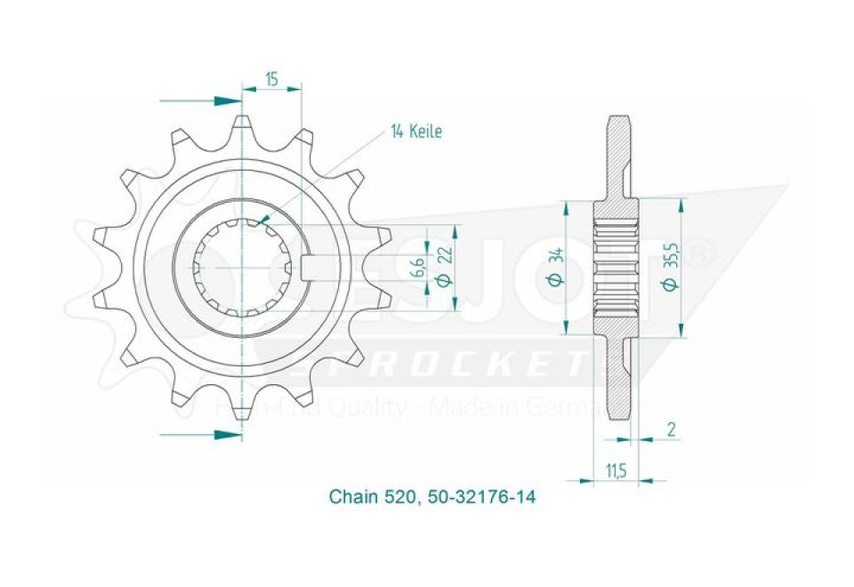 Pignon de sortie de boite Esjot pour Moto Sherco 300 Se 2T Enduro 2014 à 2023 14 dents pas 520 Neuf