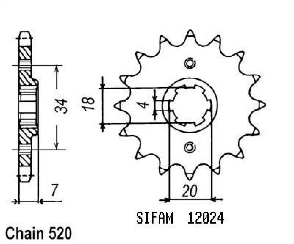 Pignon de sortie de boite Sifam pour Quad Minico 170 Smc H 2003 à 2005 12 dents pas 520 Neuf