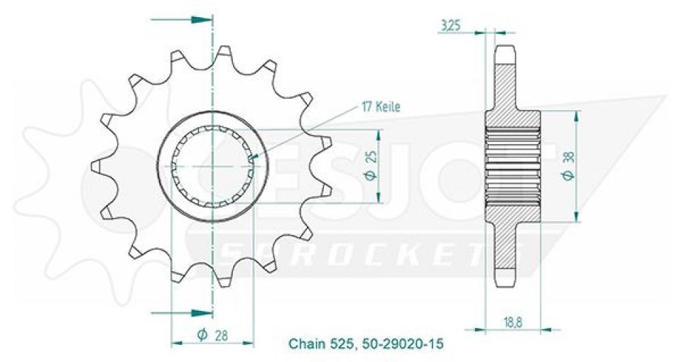 Pignon de sortie de boite Esjot pour Moto Aprilia 1100 Tuono V4 Factory 2015 à 2020 15 dents pas 525 Neuf