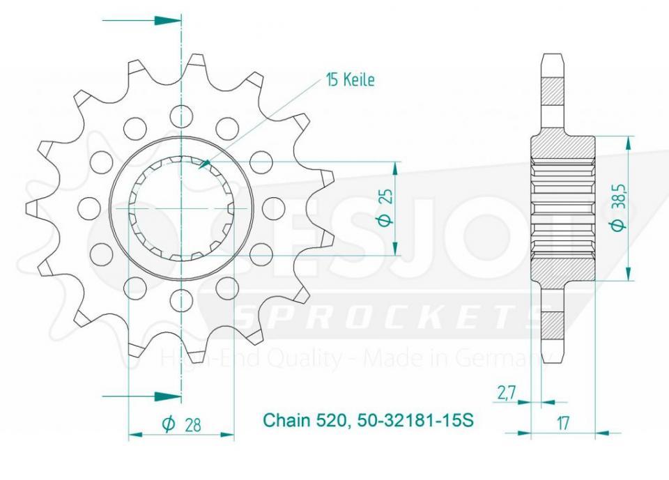Pignon de sortie de boite Esjot pour Moto Ducati 899 Panigale 2014 à 2016 15 dents pas 520 Neuf