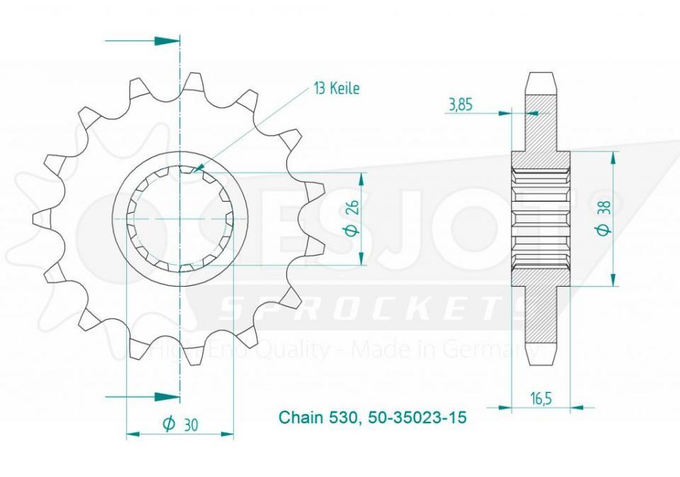 Pignon de sortie de boite Esjot pour Moto Honda 900 Cbr Rr Fireblade 1992 à 1995 16 dents pas 530 Neuf