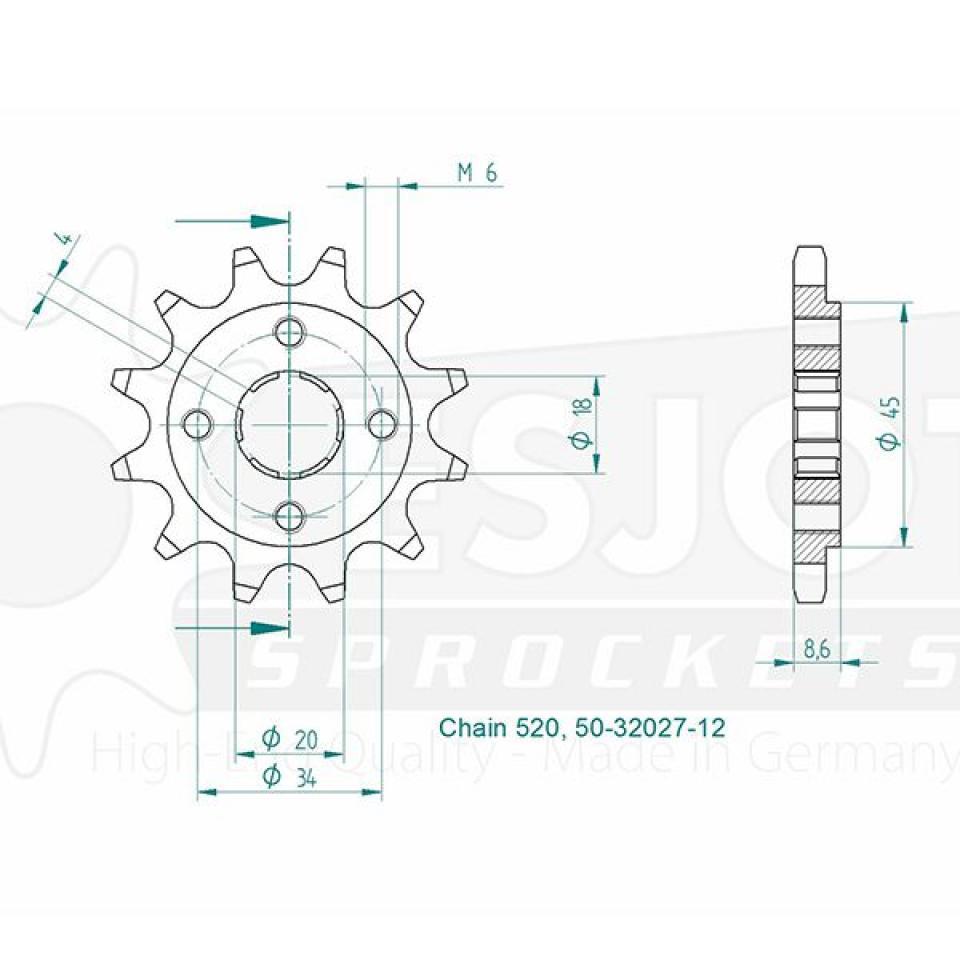 Pignon de sortie de boite Esjot pour Quad Barossa 170 Magna 2003 à 2012 12 dents pas 520 Neuf