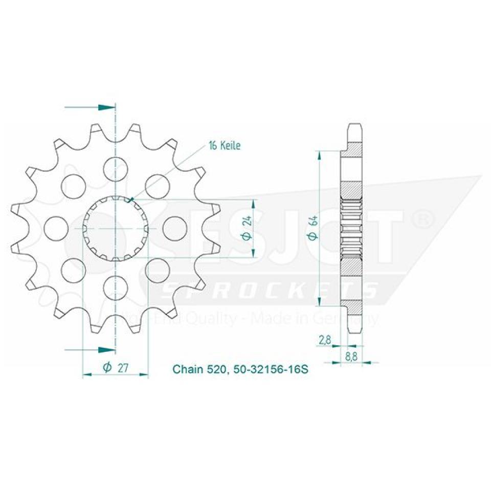 Pignon de sortie de boite Esjot pour Moto Suzuki 1000 Gsx-R 2011 à 2014 16 dents pas 520 Neuf
