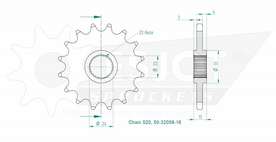 Pignon de sortie de boite Esjot pour Moto Aprilia 650 Pegaso 1991 à 1996 50-32058-16 / 16 dents Pas 520 Neuf
