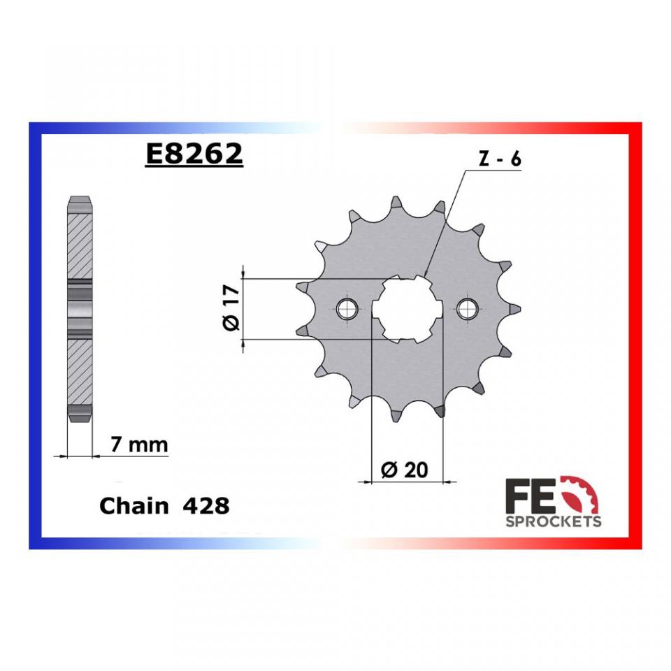 Pignon de sortie de boite France Equipement pour Moto Masai 125 Scrambler 2017 à 2018 FE8262.14 / 14 dents Pas 428 Neuf