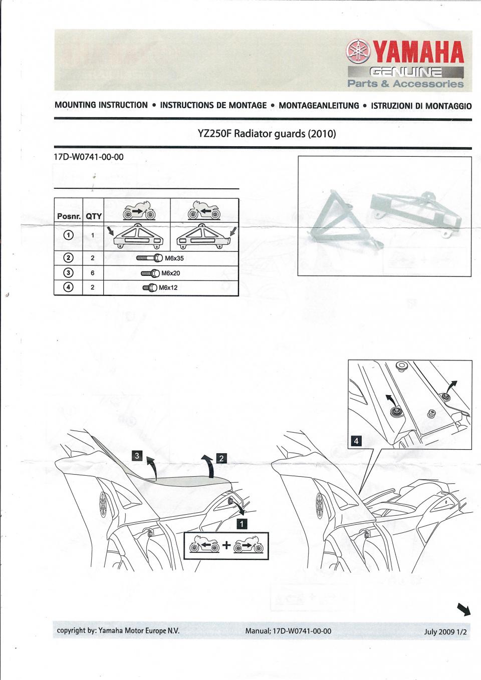 Paire protection de radiateur pour moto Yamaha YZ 250 F 2010 17D-W0741-00 Neuf