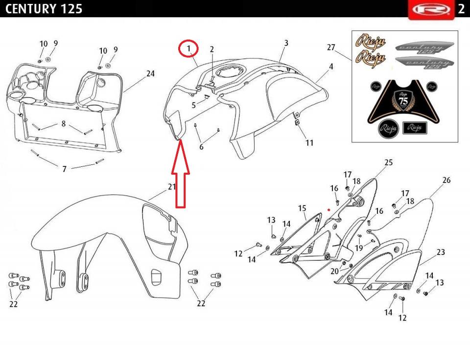 Couvre réservoir droit pour moto Rieju 125 CENTURY 0/000.570.4031 Noir Neuf