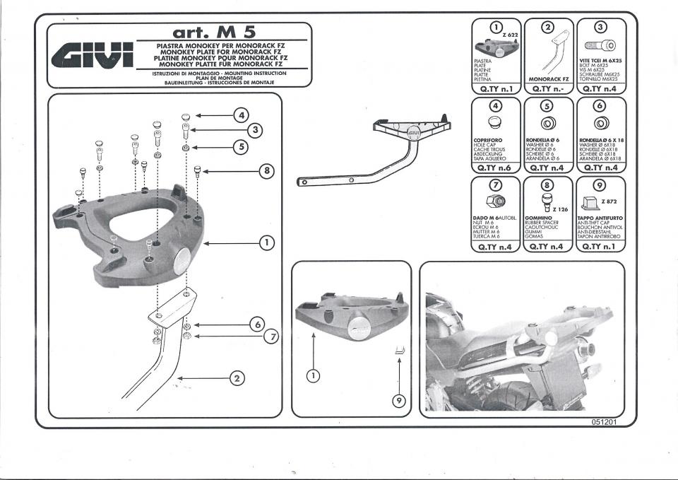 Platine support de top case GIVI M5 Monokey en plastique noir pour moto scooter Neuf