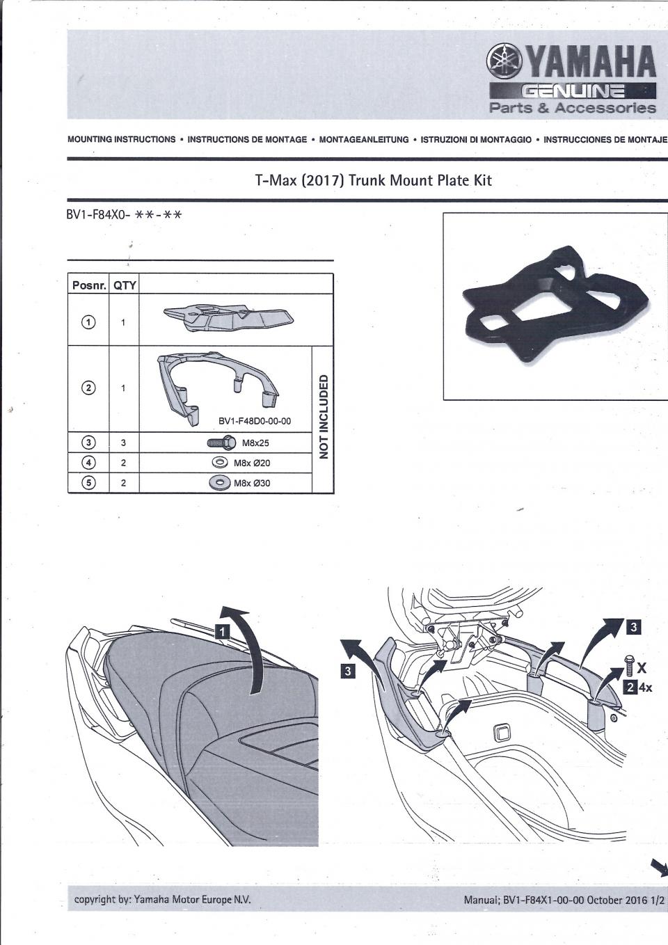 Platine support top case CITY pour scooter Yamaha 530 Tmax BV1-F84X0 B7N284X0030