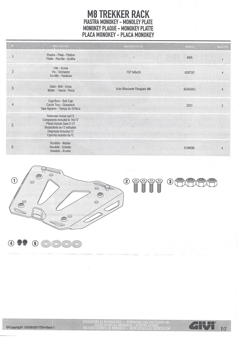 Platine support de top case GIVI MONOKEY M8A Gris pour moto scooter Neuf