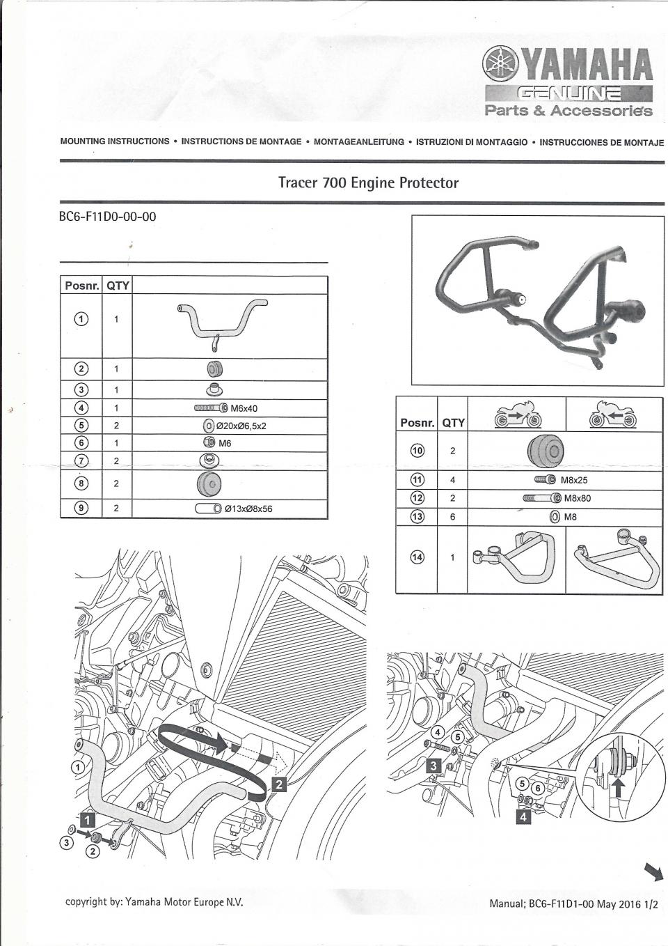 Kit pare carter pour moto Yamaha 700 Tracer 2020 BC6-F11D0-00-00 Noir Neuf