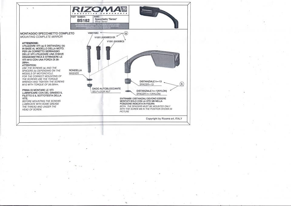 Rétroviseur droit BS182BL SENSO DX Rizoma pour moto Neuf