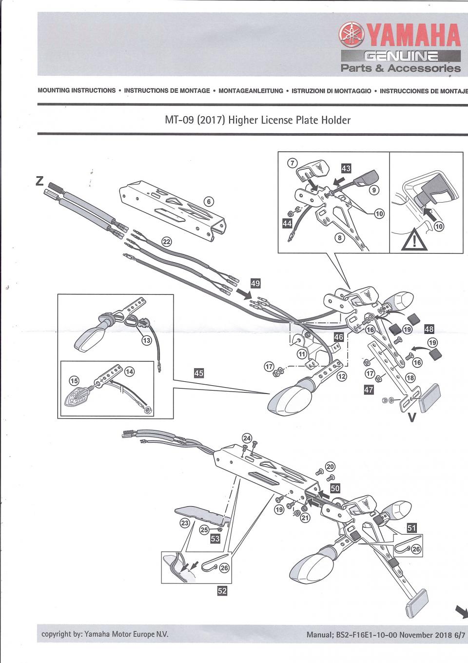 Support Haut LED plaque immatriculation pour moto Yamaha 850 MT-09 BS2F16E01000