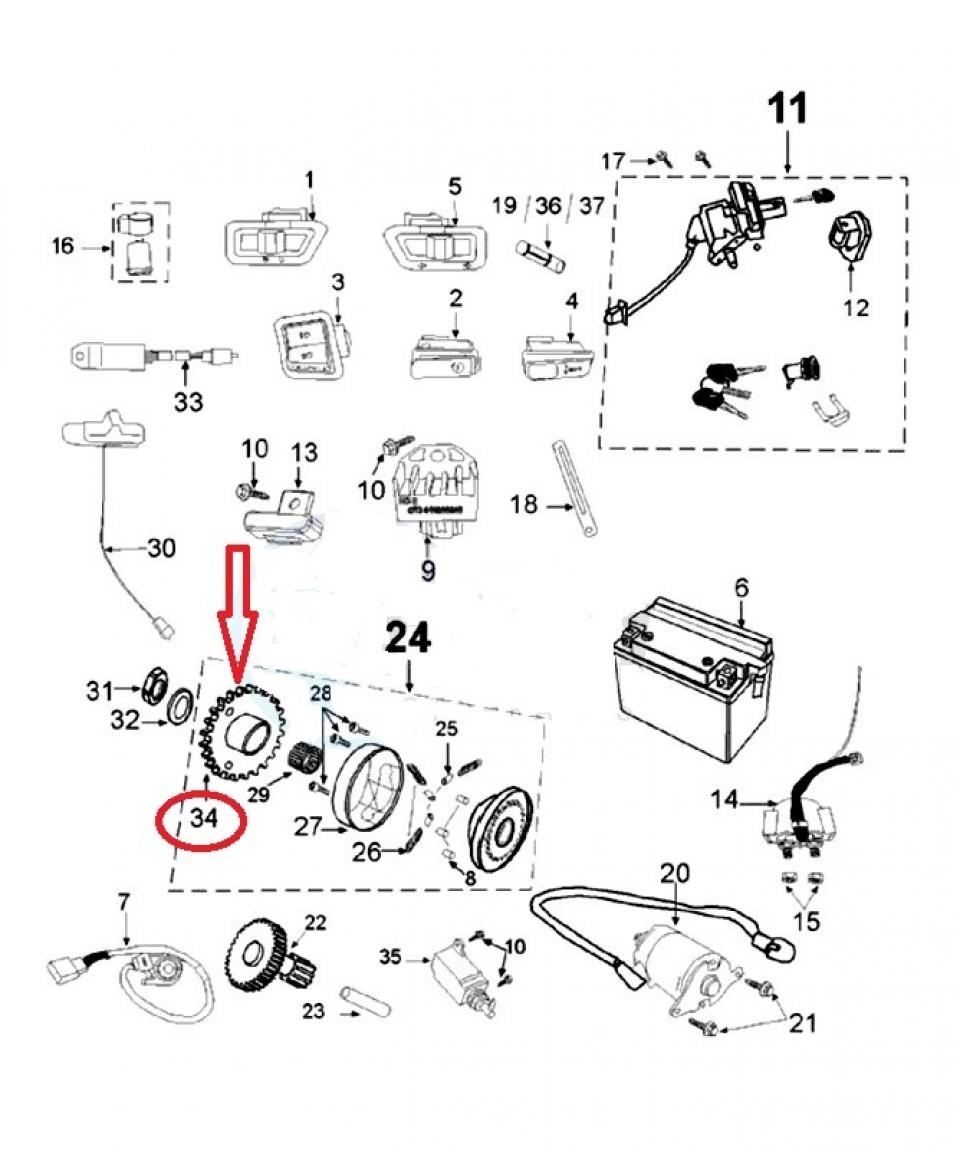 Pignon intermédiaire démarreur pour scooter Peugeot 125 Citystar AC 802139 Neuf