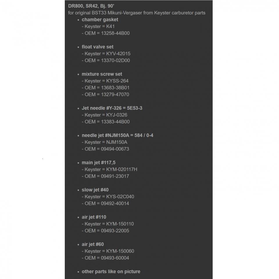 Kit réparation de carburateur Keyster pour moto Suzuki 800 DR 1990 SR42 Neuf