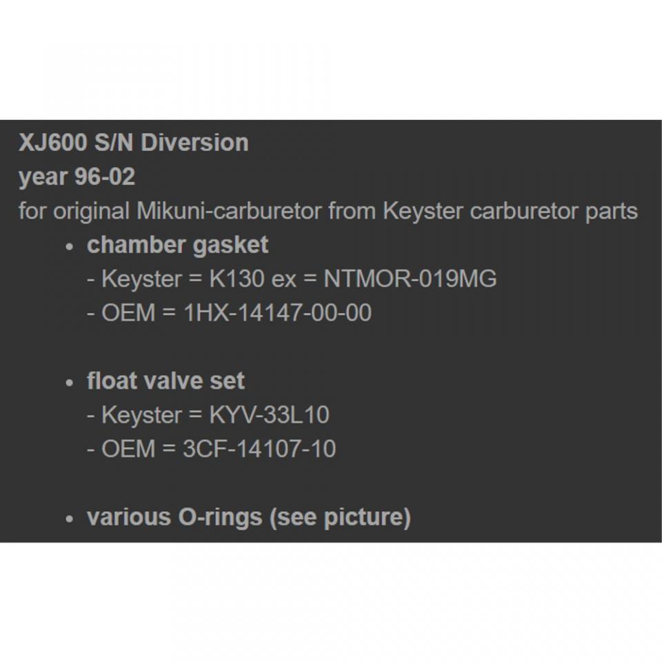Kit réparation de carbu Keyster pour moto Yamaha 600 Diversion 1996 à 2002 Neuf
