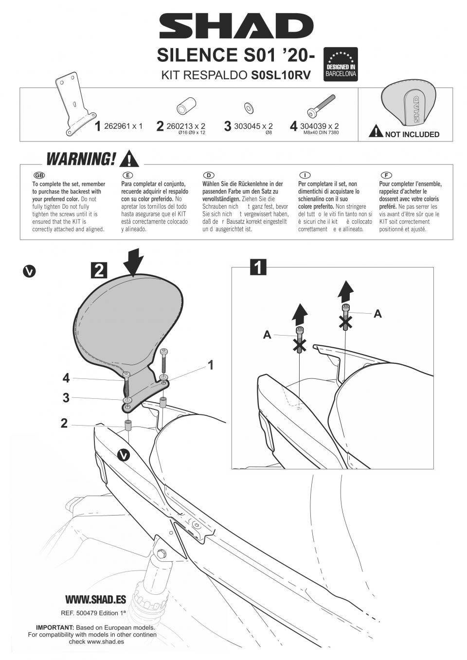 Kit fixation dosseret de selle Shad pour ULM SILENCE EL S01 2020 à 2023 S0SL10RV Neuf